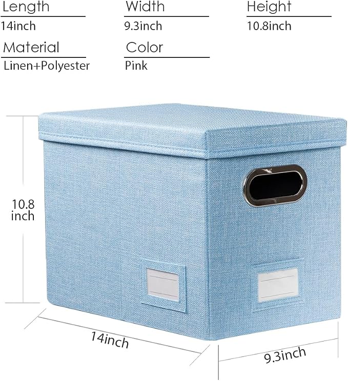 File Organizer Box - Set of 2 Collapsible Decorative Linen Filing Storage Hanging File Folders with Lids Office Cabinet Letter Size Blue (14x9.3x10.8 inch)