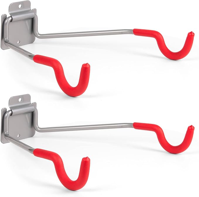 Bike Wall Mount Hangers,EVA Foam Padded Bicycle Hooks-Flip-Up Garage Bicycle Rack for Mountain, Road, and Kids Bikes Rack Holders 2 Pack Silver, Red