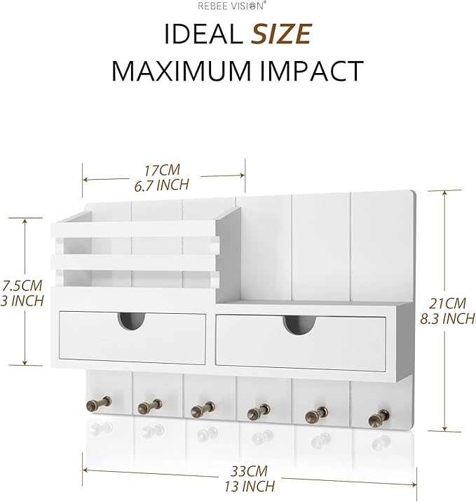Rebee Vision Key Holder Wall Mount with 2 Drawers for Aesthetic Room, White | Mail Holder, Drawer Organizer, 6 Key Hooks, Home Organization, Mail Sorter, Home Decor, Everyday Storage Organization