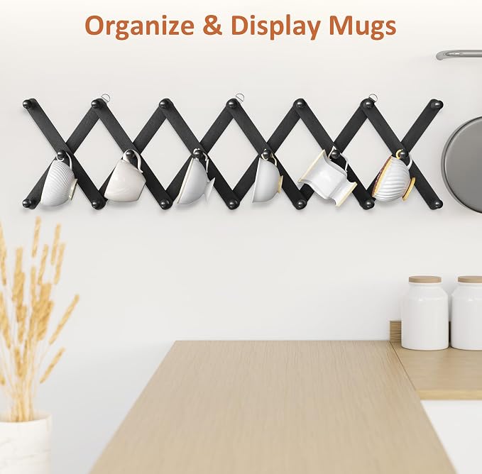 Accordion Wall Hanger, Hat Rack for Wall with 20 Coat Hooks, Expandable Hat Hangers Organizer, Vintage Decorative Coat Rack Wall Mount for Purse, Mug(Black)