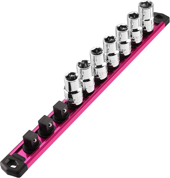 WORKPRO Magnetic Socket Organizer, Heavy Duty 1/2-Inch Drive Socket Rail | 1 Piece Socket Holder with 10 Spots, Aluminum Alloy, Rotatable & Movable Clips, Efficient Organization