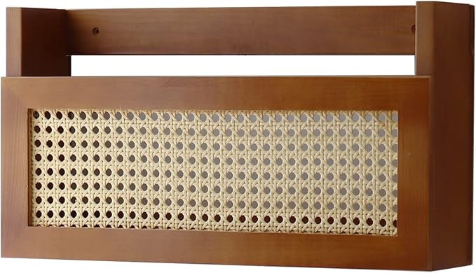 Wall Wood Magazine Rack with PE Rattan Grid,Size 17.3" x 4" x 9.4",File Holder For Entryway, Living Room, Waiting Room, Kids’ room,Office(Brown)