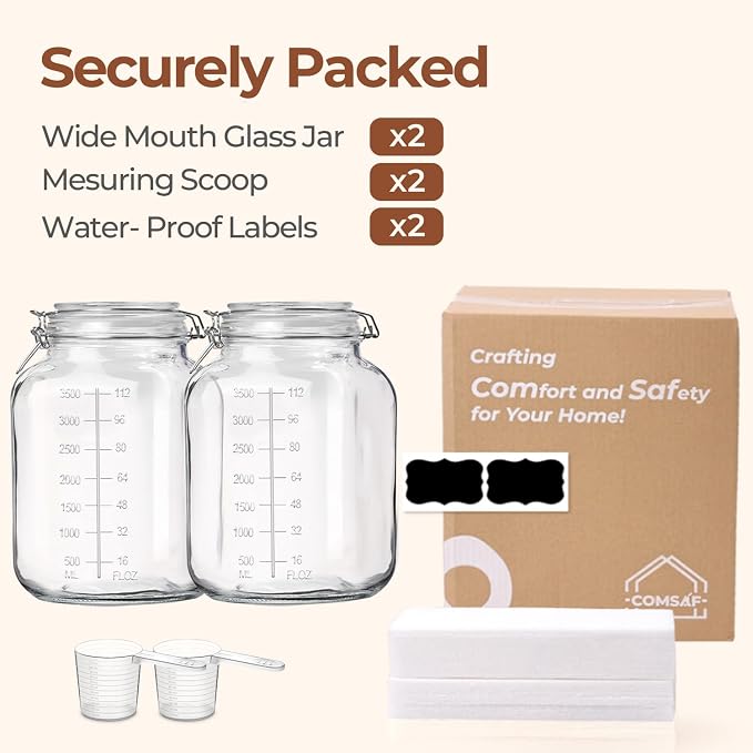 ComSaf Large Square Glass Jars with Airtight Lid 1 Gallon 2 Pack Wide Mouth | Flour sugar rice, Kombucha, Bulk pantry organization, Measurement marks, Pickling fermenting, Snacks, Sourdough pickling
