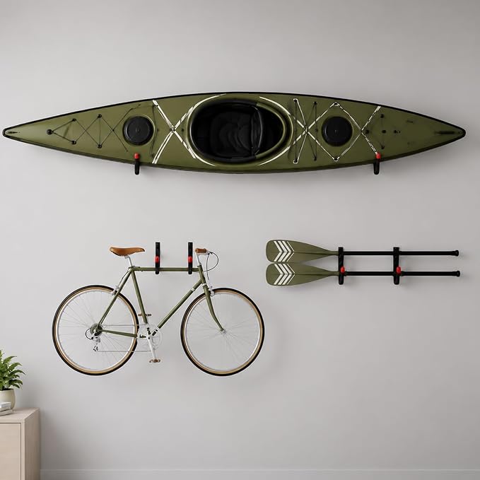 20-Piece Garage Storage Hooks System - 6x9.8” Utility Hooks with EVA Padding (50 LB Capacity) + 6 J Hooks & 6 Storage Straps, Wall Mount Organizer for Ladder, Bike, Tools and Garage Organization