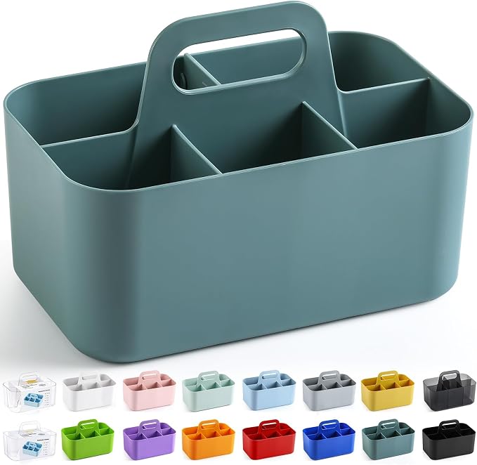 Multiuse Caddy Organizer with Handle, Portable Divided Plastic Tote Bin - Art Craft, Stationary Pen Marker Crayons, Makeup Hair Supplies Storage - Bathroom, Classroom, Dorm, Office, Desk Holder - Cyan