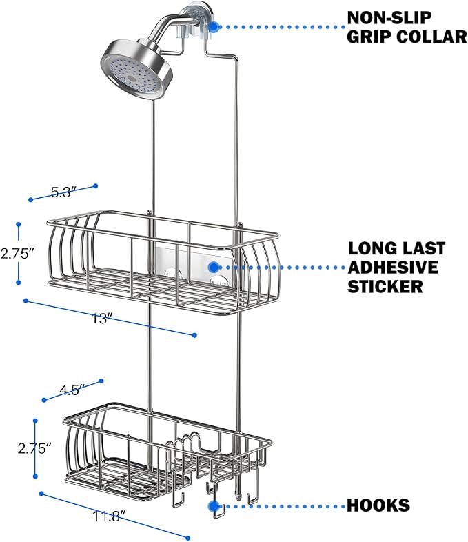 Epicano Shower Caddy Hanging Over Head, Chrome,Stainless Steel | Rustproof,4 Hooks for Towels,Sponge and & Bathroom Accessories,Anti-Swing Suction Cups & Adhesive hooks