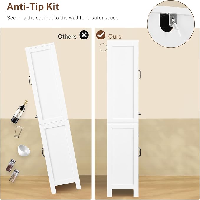 TEENFON Tall Storage Cabinet with 2 Adjustable Shelves & 1 Large Drawer, Kitchen Pantry Cabinet with 4 Doors, Bathroom Storage Cabinets, for Living Room, Kitchen, Bathroom, White