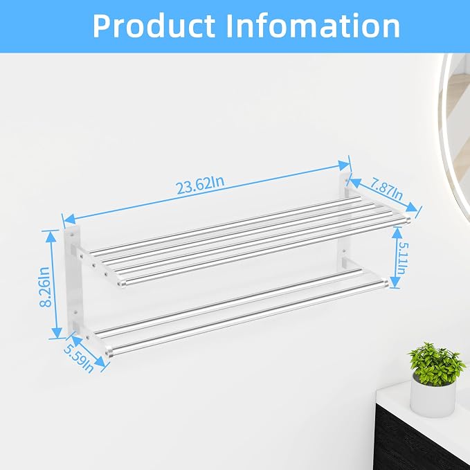 KLJKPA 24 Inch Towel Racks for Bathroom Wall-Mount, 2-Tier, Brushed Nickel | Towel Shelf with Double Towel Bar, Towel Holder, Towel Storage for Bathroom Lavatory, Stainless Steel, Space Saving