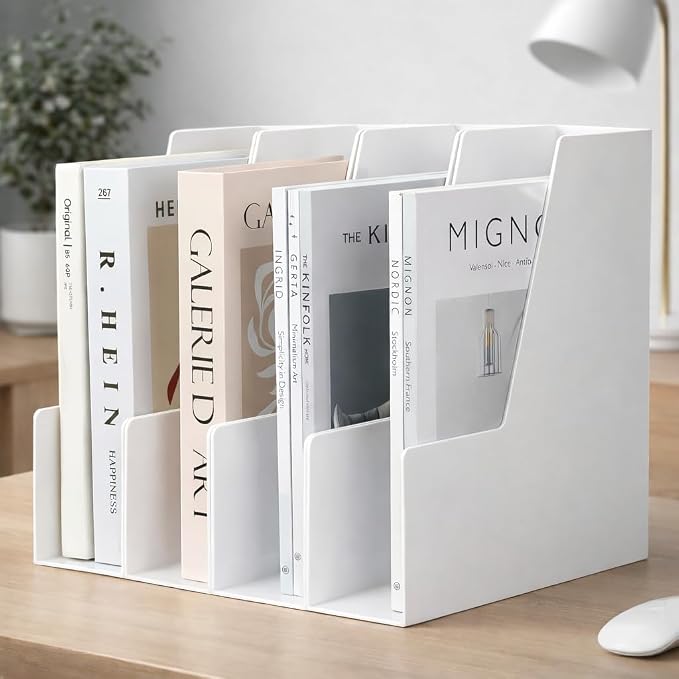 CiWiVOKi Vertical Magazine File Holder, 4 Pack, White | Desktop File Organizers for Magazines, Binders, Notebooks and Paperwork with Space-Saving Vertical Storage