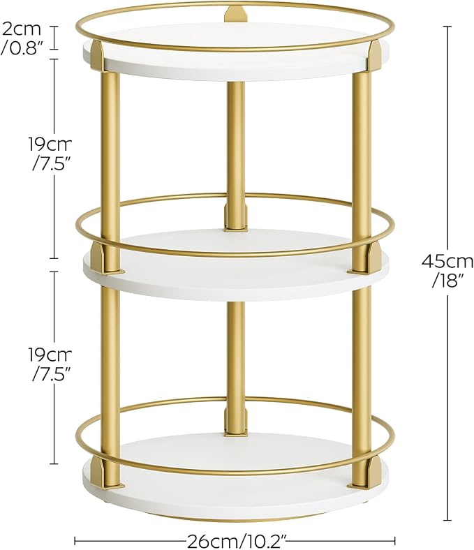 Yatiney 3-Tier Lazy Susan, Rotating Spice Rack, Spinning Organizer, Industrial Turntable Spice Rack for Cabinet, Kitchen Countertop, Pantry, White and Gold SR23DW