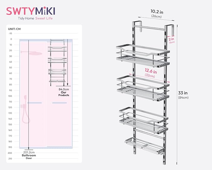 SWTYMIKI Over the Door Shower Caddy - 4 Tier Adjustable Shower Organizer Hanging with Soap Holder, No Drilling Stainless Steel Bathroom Rack Hanging for Body Wash, Shampoo, Soap, Razor, Silver