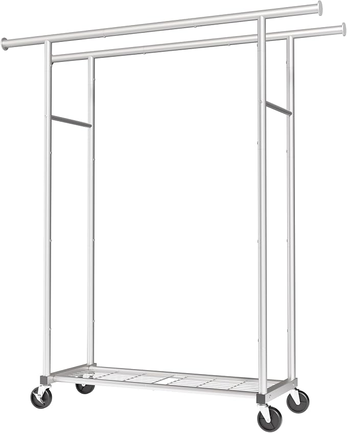 Sakugi Mobile Double Rod Clothes Rack, Freestanding Garment Organizer with Medium Load Capacity and Bottom Storage Shelf for Home Use,Silver