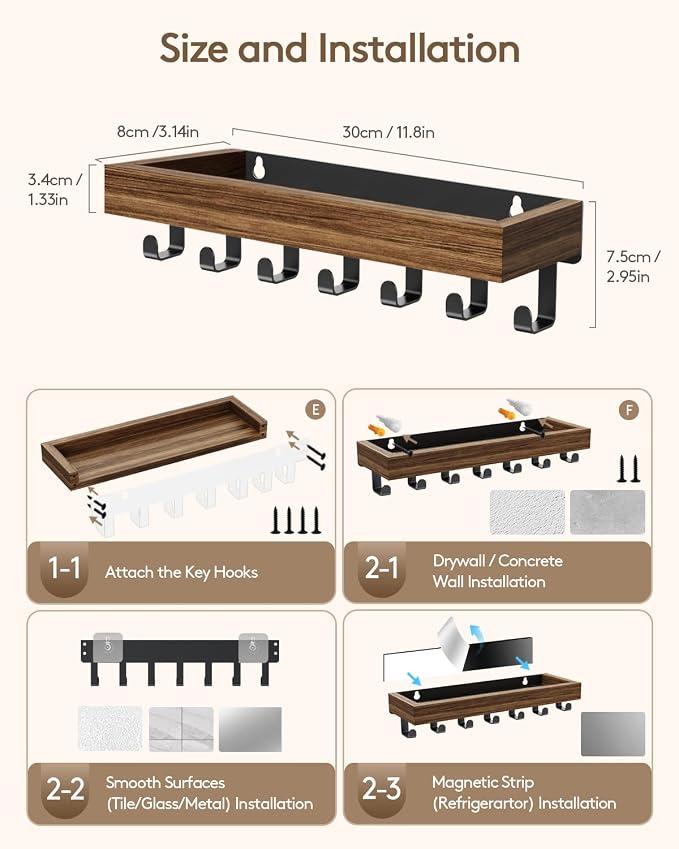 Key Holder Wall Mount Magnetic Adhesive - Key Hooks Rack with shelf | Key Hanger with Mail Organizer for RV Camper Fridge Living Room Decor, Home Essentials, Large Rustic