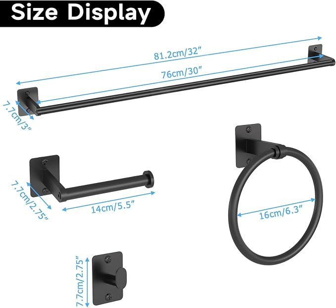 KLJKPA 4-Piece Bathroom Hardware Set, 32 inch Bathroom Towel Holder | Black Bathroom Accessories Set, Towel Racks for Bathroom, Robe Towel Hooks, Toilet Paper Holder Wall Mounted