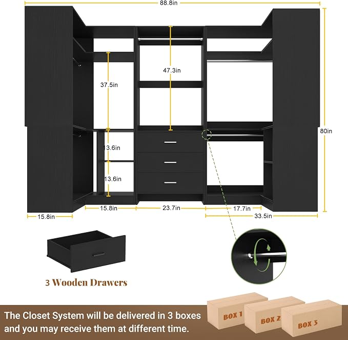 Aheaplus Closet System with 3 Drawers, 5 Hanging Rods & Corner Tower, Corner Closet System with Hanging, 88.8" U-Shaped Walk-In Wardrobe Organizer, 2000+ lbs Capacity, Set of 3, Black