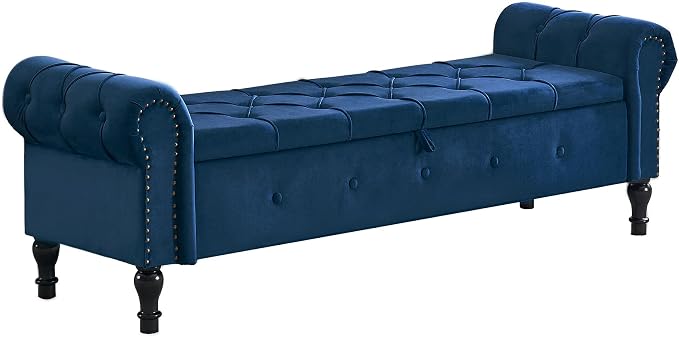 Storage Bench 67" Velvet End of Bed Benches Navy Blue | King Size Storage Bench for Bedroom with Rolled Arms Tufted Ottoman Benches Upholstered Bench for Living Room Entryway