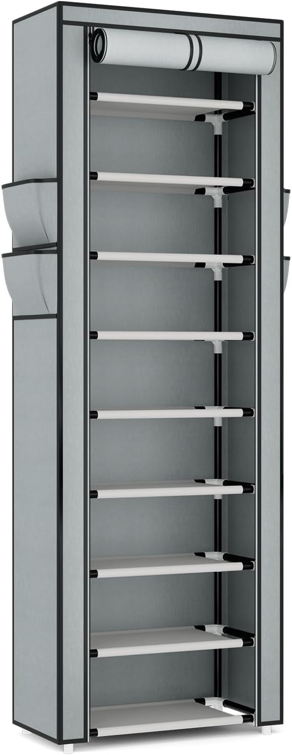 VILICK Shoe Rack with Cover Narrow Shoe Rack Organizer with 4 Side Pockets 10 Tier Tall Shoe Storage Shoe Shelf Holds 18-22 Pairs Shoes and Boots Shoe Rack for Closet, Grey