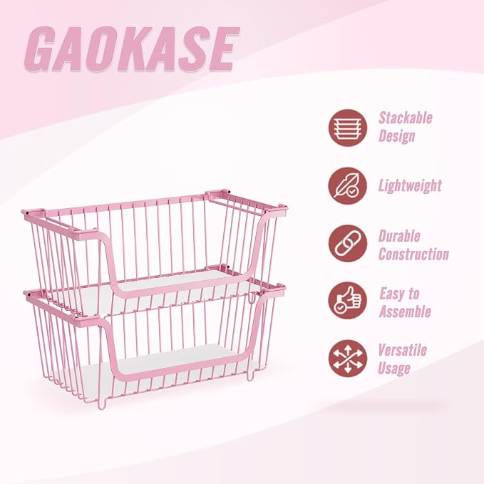 4 Pcs Stackable Wire Baskets for Pantry Organizers and Storage,pink, | Vegetable Fruit Basket for Countertop,Kitchen Storage Metal Baskets,Produce Potato Onion Storage Bin,