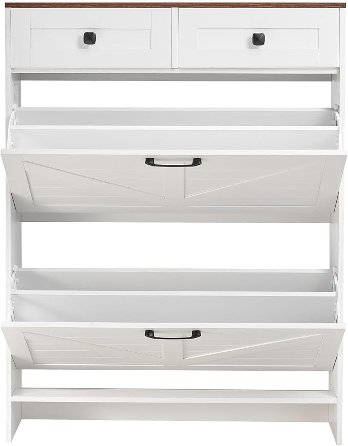 VEVOR Shoe Cabinet with 2 Flip Drawers, Farmhouse Shoes Storage Cabinet with 2 Drawers and Anti-Tipping Device, Freestanding Shoe Organizer Ideal for Entryway, Hallway, Bedroom, Living Room, White