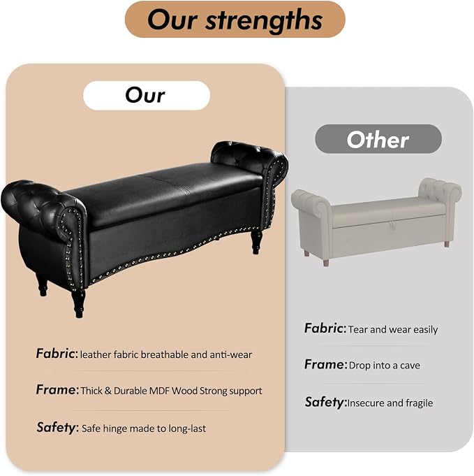 ZZW Storage Ottoman Bench, 51" Length Upholstered End of Bed Storage Bench for Bedroom with Safety Hinge, Tufted Bed Benches with Rolled Arm and Nailhead Trim for Living Room, Entryway Black