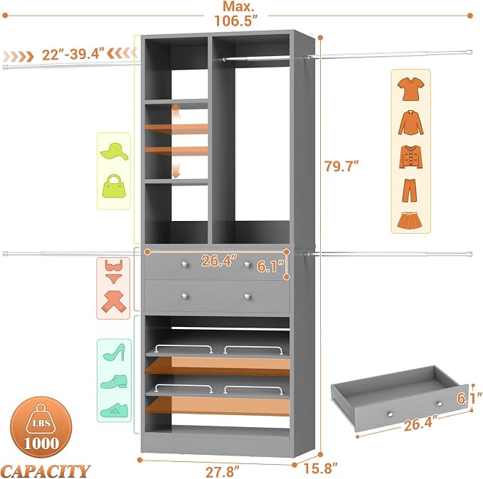 Besiost Closet System, 4.2–8.8 FT Closet Organizer with 2 Wooden Drawers and Shelves, Walk-in Closet System with 5 Hang Rods, Built-in Reach in Closet Tower, Can Fit 60 to 96 inch, Morandi Grey