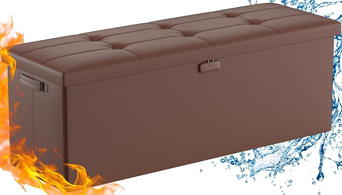 DocSafe Storage Ottoman Bench,Fireproof&Waterproof Folding Bench with Lock(15”x 43”x15”),Leather Storage Chest with Handles&2 Extra Boxes,Ottoman Safe for Bedroom,Living Room,Home Office,Brown