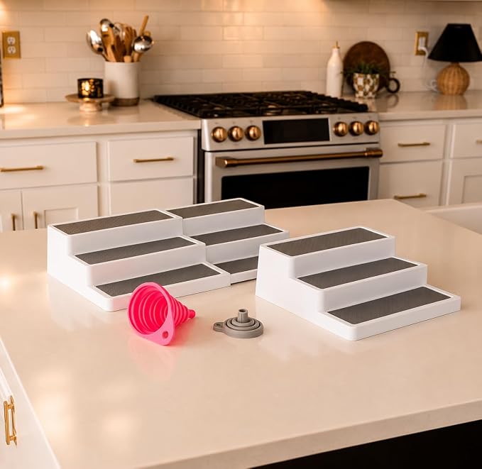 Pack of 2, Expandable 3 Tiered Spice Rack Organizer for Cabinet and Kitchen Pantry Shelf - Non-Slip Shelves for Spices, Seasoning, Canned Food, Medicine Cabinet Organizer - Includes Silicone Funnels