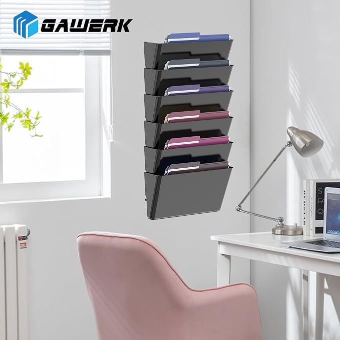 Gawerk Clear Acrylic Single Pocket, Plastic Hanging Wall Mount File Holder for Office Home (Black, 8 Pack)