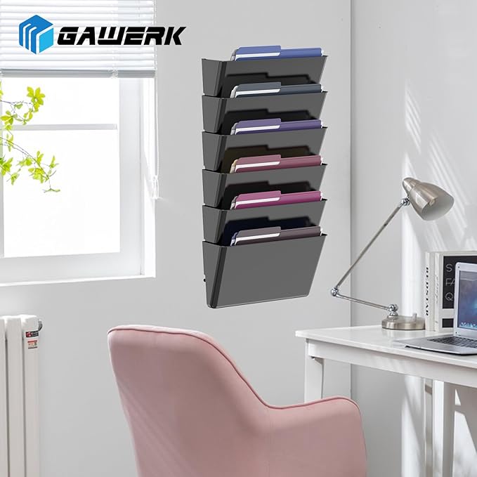 Gawerk Clear Acrylic Single Pocket, Plastic Hanging Wall Mount File Holder for Office Home (Black, 4 Pack)