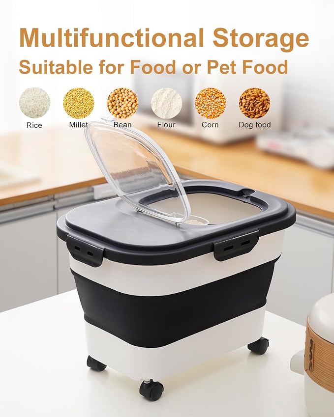 20-30 Lbs Rice Storage Container,Collapsible Food Storage Container | Flour Storage Container with Wheels Airtight Locking Lid,Rice Container Double Seal,Keep Fresh for Pet Food,Rice,Flour