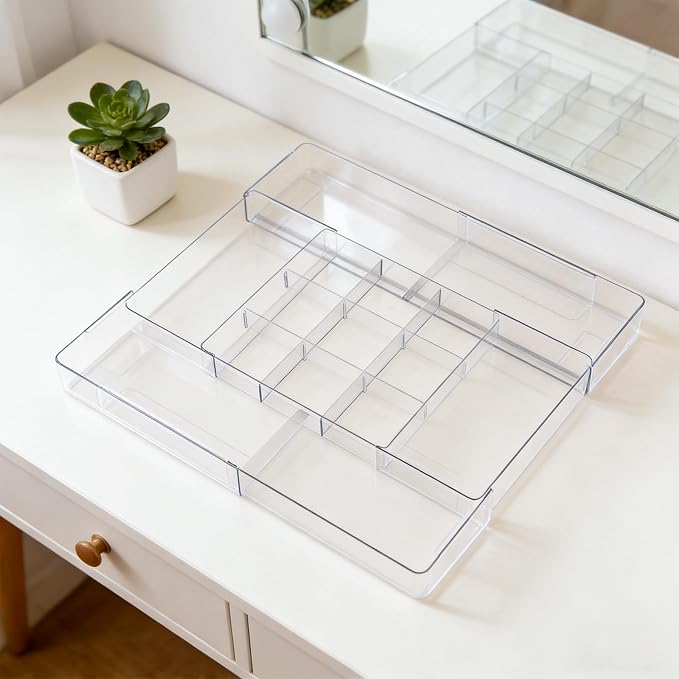 Expandable Desk Drawer Organizer, Expandable Storage Tray with Adjustable Compartments - Customizable Desk Organizer for Makeup, Utensils, Office Supplies, Junk Drawer & Bathroom