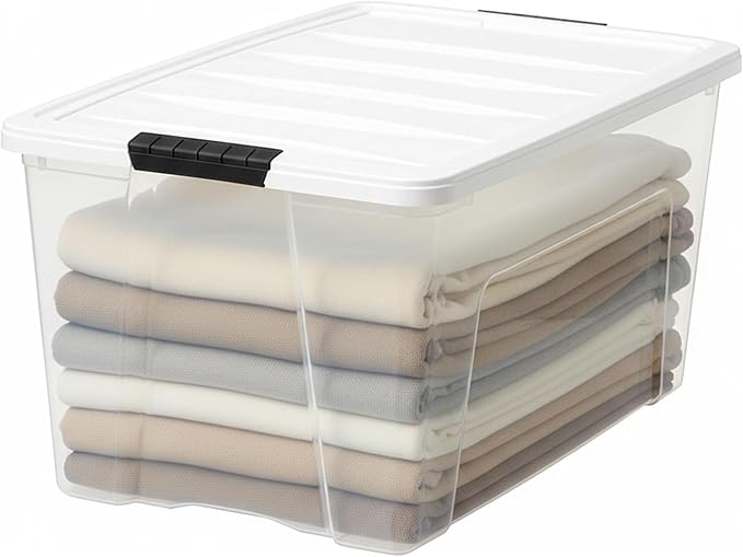IRIS USA 72 Qt Stackable Plastic Storage Bins with Lids, 8 Pack - BPA-Free, Made in USA - See-Through Organizing Solution, Latches, Durable Nestable Containers, Secure Pull Handle - Clear/White