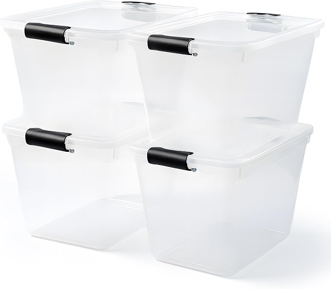 HOMZ 31 Quart Secure Seal Latch Clear Plastic Bin | Stackable & Nestable | Easy Grip Latching Handles | Home, Office, Dorm Room Organization | Grey Handles, 4 Pack | Stackable Container Set for Home, Office Shelves, Kitchen, Garage, and Bathroom Organi...