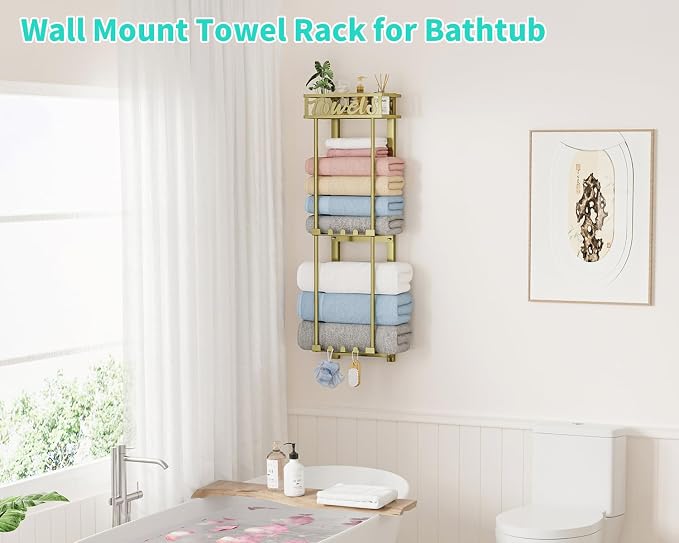 HapiRm Towel Rack Bathroom Storage - 3 Tier Over The Door & Wall Mounted Rolled Towel Racks Holder Organizer with Metal Shelf and 6 Hooks for Small Bathroom, Camper, Rv - Gold