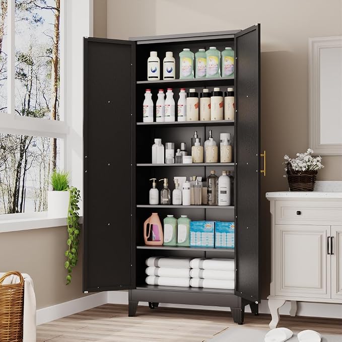 75.2" Tall Metal Kitchen Pantry Storage Cabinet, Freestanding Cupboard with 2 Doors and 5 Adjustable Shelves, Standing Storage for Kitchen, Bathroom, Garage, Dinning Room or Utility Room(Black)