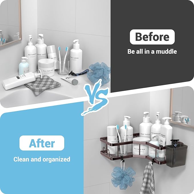 AKTECKE Shower Caddy Corner Organizer: 2Pack Adhesive Shower Shelf Essentials - No Drilling Stainless Steel Bathroom Storage Rack with Hooks and Toothpaste Holder - Shower Accessories