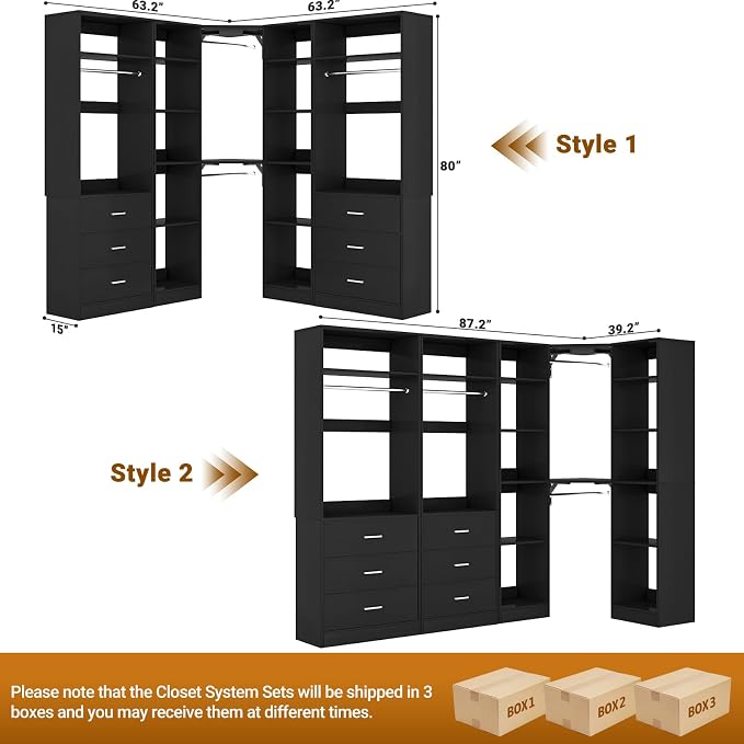 Besiost Corner Closet System with 6 Drawers, Closet Organizer System with 14 Shelves & 4 Hanging Rods, 87.2"L * 39.2"W / 63.2"L * 63.2"W Reversible L Shaped Walk-in Closets, Load 2500+LBS, Black