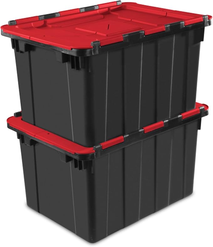 Sterilite Industrial Storage Tote with Lids for Garage, 12 Gallon, 18-Pack | Heavy-Duty and Stackable Utility Box Containers for Home, Office, and Basement Organization, Black/Red