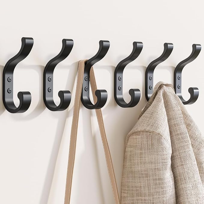 bussdis Wall-Mount Coat Hooks, Heavy Duty 30LB Hooks for Hanging Coats, Bags, Backpacks, Keys, Hats – Black Metal Hooks for Wall,Door (6 Pack)