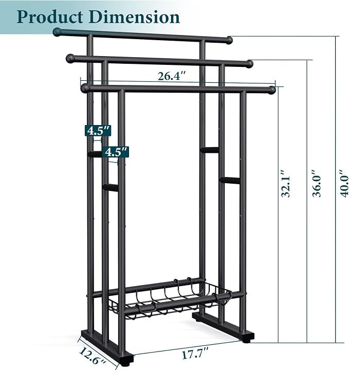Kayfia 40'' Freestanding 3 Tier Alloy Steel Towel Rack with Storage Basket | Dual-Use Drying & Display Rack, Holds Oversized Bath Towels & Blankets, Fits Bathroom, Tub, Shower, Poolside, Black