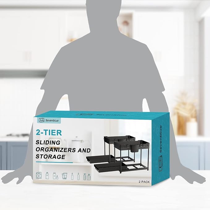 Sevenblue 2-Pack 2-Tier Under Sink Organizers with Sliding Drawers | Multi-use kitchen & bathroom storage, 12.85 inch black cabinet organizer, space-saving sliding drawer design.