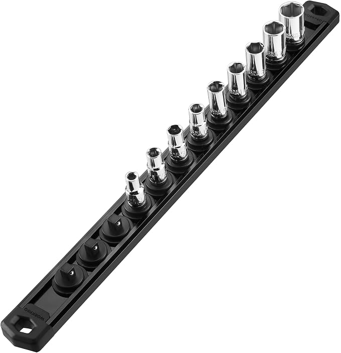 WORKPRO Magnetic Socket Organizer, Heavy Duty 1/4-Inch Drive Socket Rail | 1 Piece Socket Holder with 12 Spots, Aluminum Alloy, Rotatable & Movable Clips, Efficient Organization