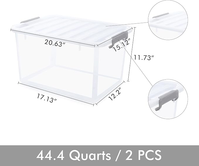 Citylife 44.4 QT Plastic Storage Bins with Latching Lids Stackable Storage Containers for Organizing Large Clear Storage Box for Garage, Closet, Classroom, Kitchen, 2 Packs