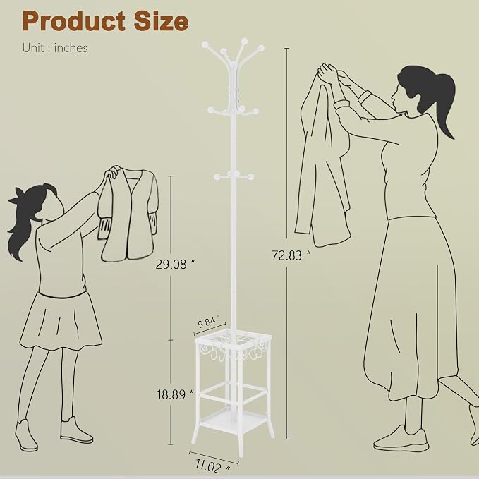 Hoctieon Coat Rack Freestanding, Coat Tree with Umbrella Holder, Metal Coat Rack Stand with 12 Hooks, Standing Coat Hanger Stand, Umbrella Stand for Entryway, Hat Rack Stand for Home Office, White | Metal Coat Rack Stand with 12 Hooks, Standing Coat Ha...