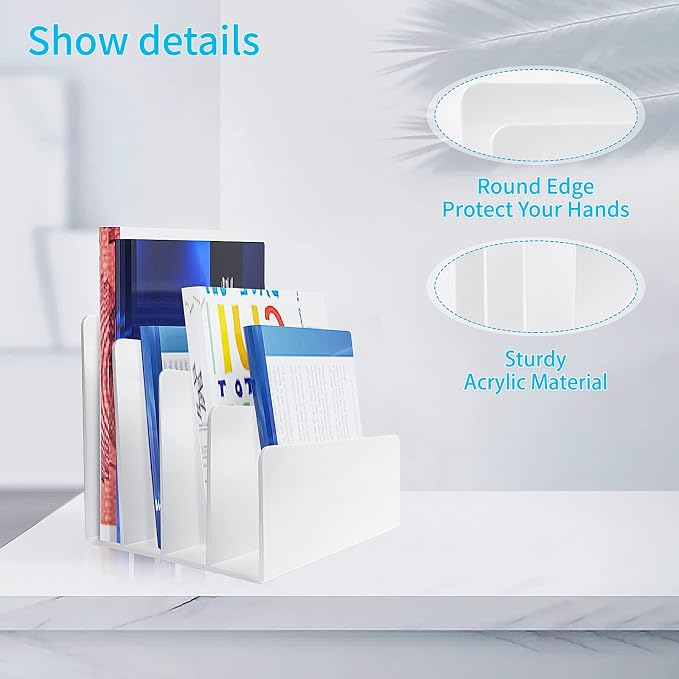 White Acrylic File Organizer - 4 Sections Desk Holder Sorter for Office Supplies, Electronics, Notebooks and Mail
