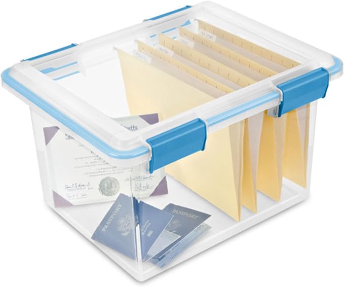 Sterilite Gasket Storage Box with Lids for Home & Office, 32 Quart, 12-Pack | Heavy-Duty, Stackable, and Organizing Containers for Bathroom, Cabinet, Closet, and Garage, Clear and Blue Aquarium Latches