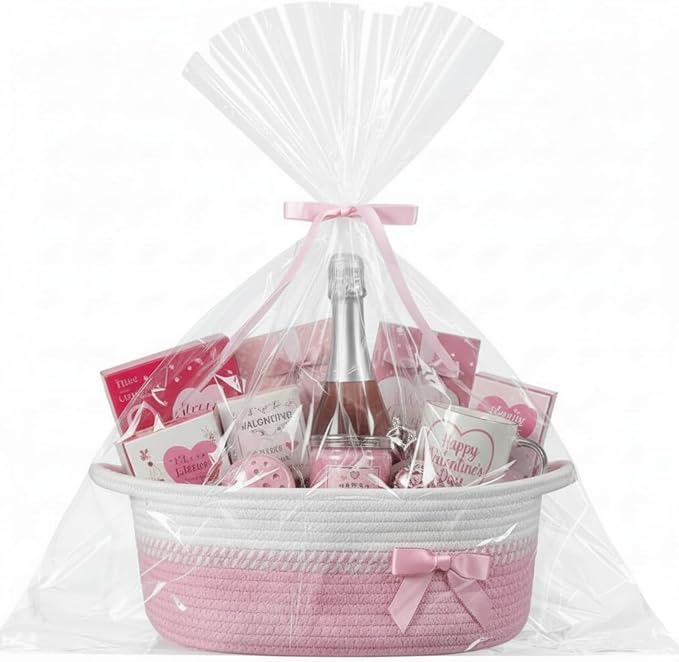 Colingmill 1 Set Woven Empty Basket for Gift,Pink White | with Cellophane Wrap Set, 14 x 10 x 5.5 Inch, Medium Decorative Gift Basket, Cotton Rope Storage Box, Home Decor