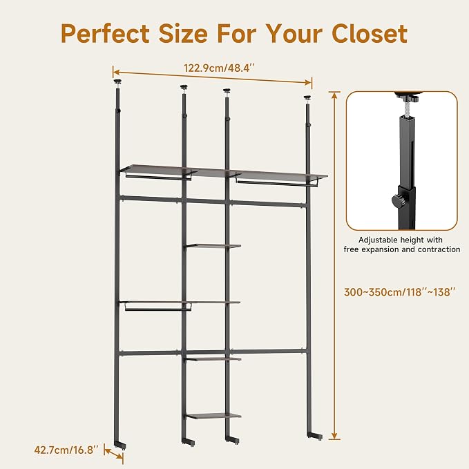 MZG Closet Organizer System, Freestanding Closet System with Wood Shelves & Hanging Rod, Adjustable Floor-to-Ceiling Open Wardrobe for Bedroom, Apartment & Walk-In Closet (16.8" D x72.1 W x 137.9" H)
