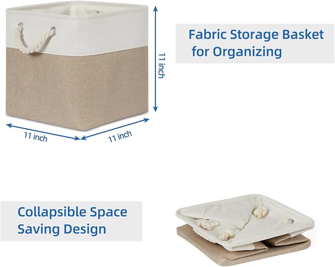 Temary Cube Storage Bins 11 x 11 Fabric Storage Baskets 4 Pack Storage Cubes Baskets for Gift Empty, Cube Organizer Bins Cloth Basket for Storage (White&Khaki)
