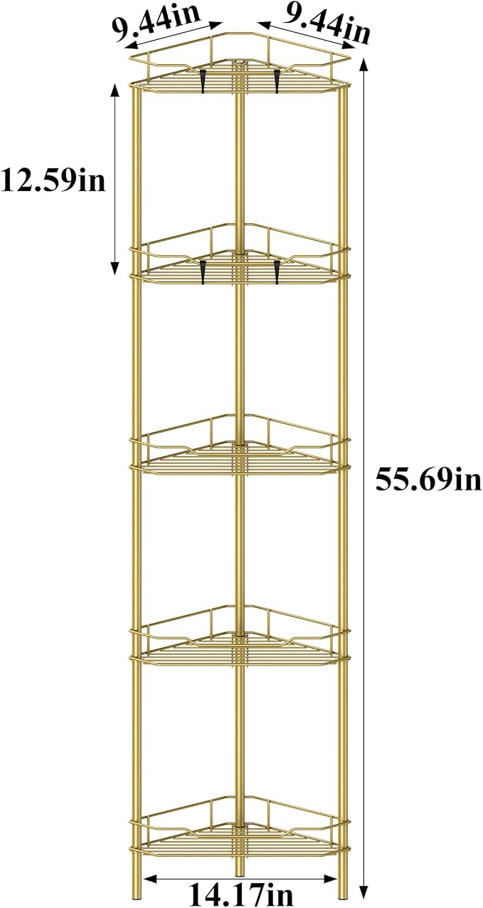 HuggieGems 5 Tier Floor Standing Corner Shower Caddy Organizer Shelf with Hooks, Bathroom Shelves Stand Rack, Gold